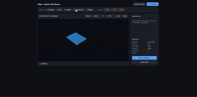 Browser 3D part builder with live cut-length and footprint metrics.