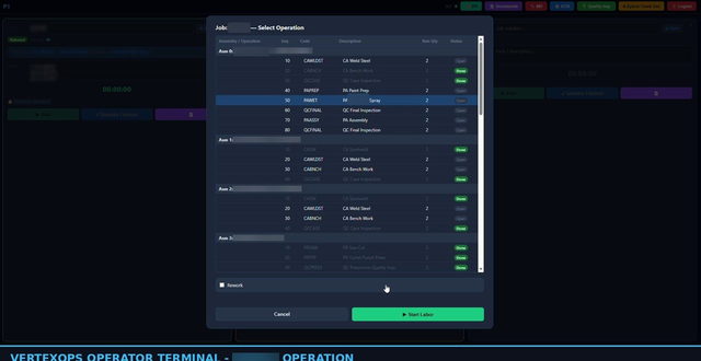 Operation routing pulled live from the ERP with per-assembly status.