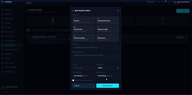 Typed high-risk work permits with risk scoring and approval flow.