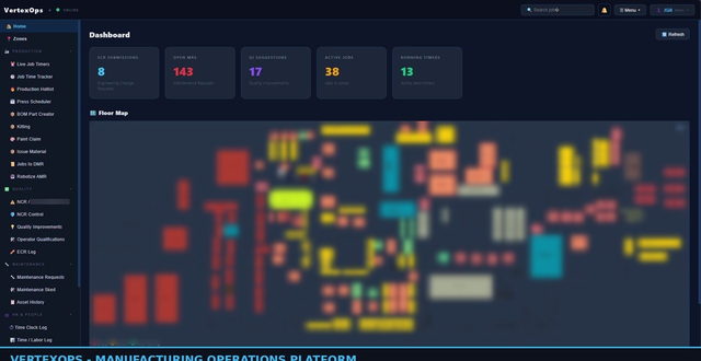 Command-centre dashboard: live KPI tiles above a colour-coded plant floor map.