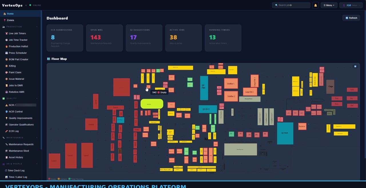 Manufacturing operations dashboard showing a colour-coded plant floor map with live KPI tiles for engineering change requests, open maintenance requests, quality suggestions, active jobs and running labour timers.